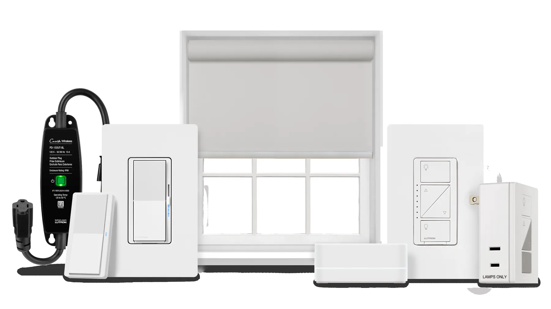 Lutron Caseta smart lighting devices: dimmers, a plug-in module, a shade controller, a Pico remote and the bridge