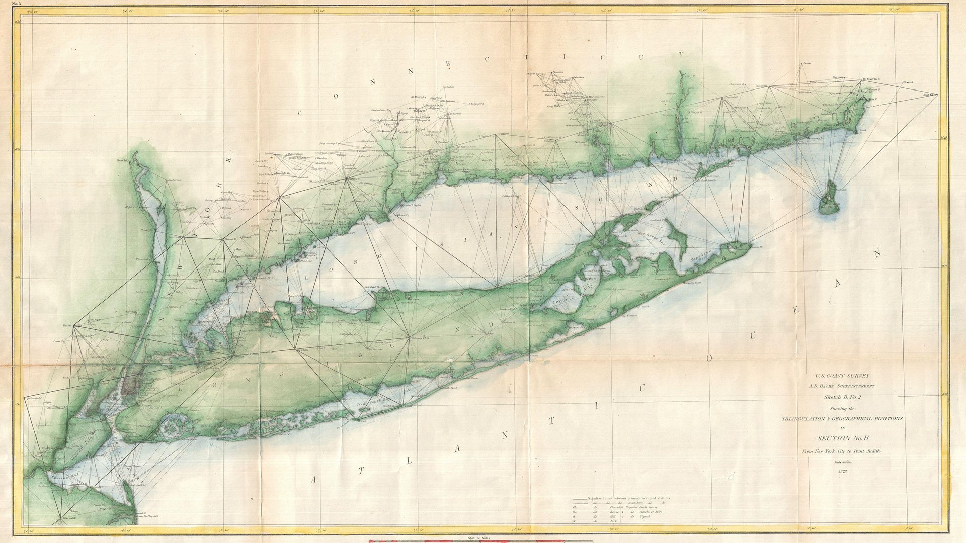 The 1873 U.S. Coast Survey chart of Long Island, New York, hand colored