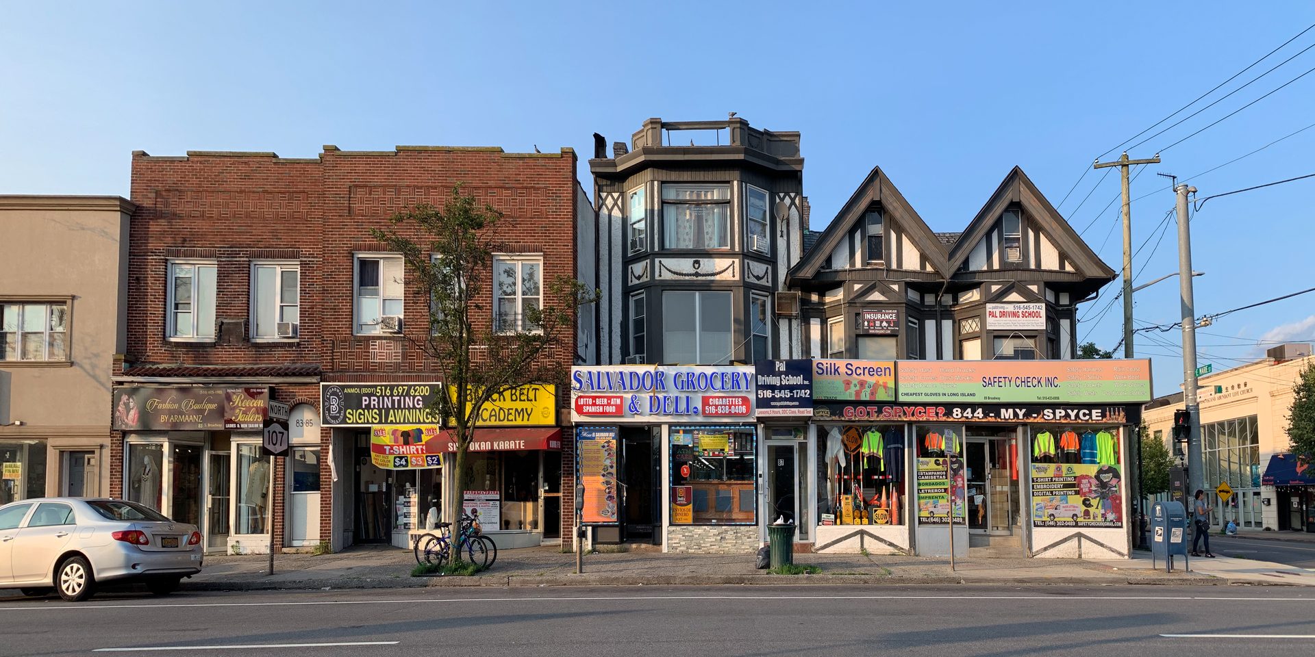 Buildings on Broadway, the heart of downtown Hicksville, New York